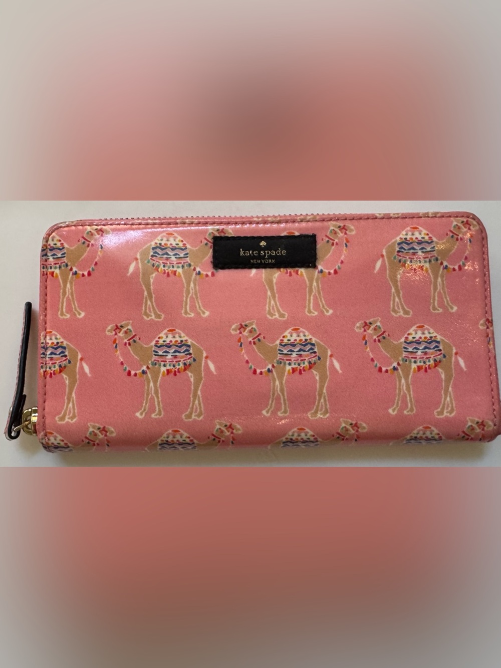 kate spade pink camel-print zip-around wallet